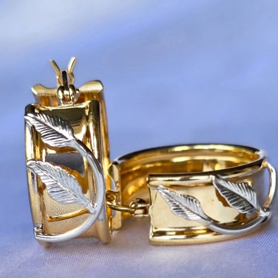 Solid 14k Yellow Gold TwoTone Satin Silver Leaf Hoop Earrings 313g